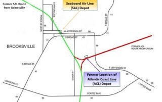 Map shows where the Brooksville 1885 Train Depot is located.